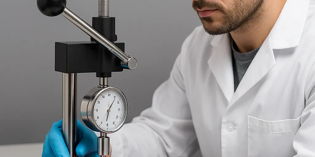 Qualitätskontrolleur in weißem Laborkittel misst Shore-Härte an Silikonprobe mit Durometer
