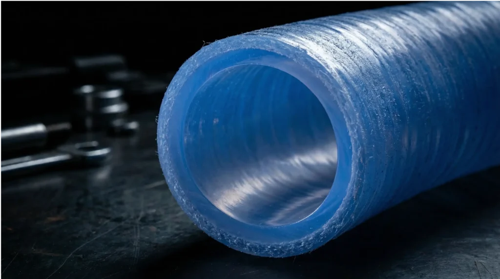 Nahaufnahme eines blauen Silikongewebeschlauchs mit Wandstruktur