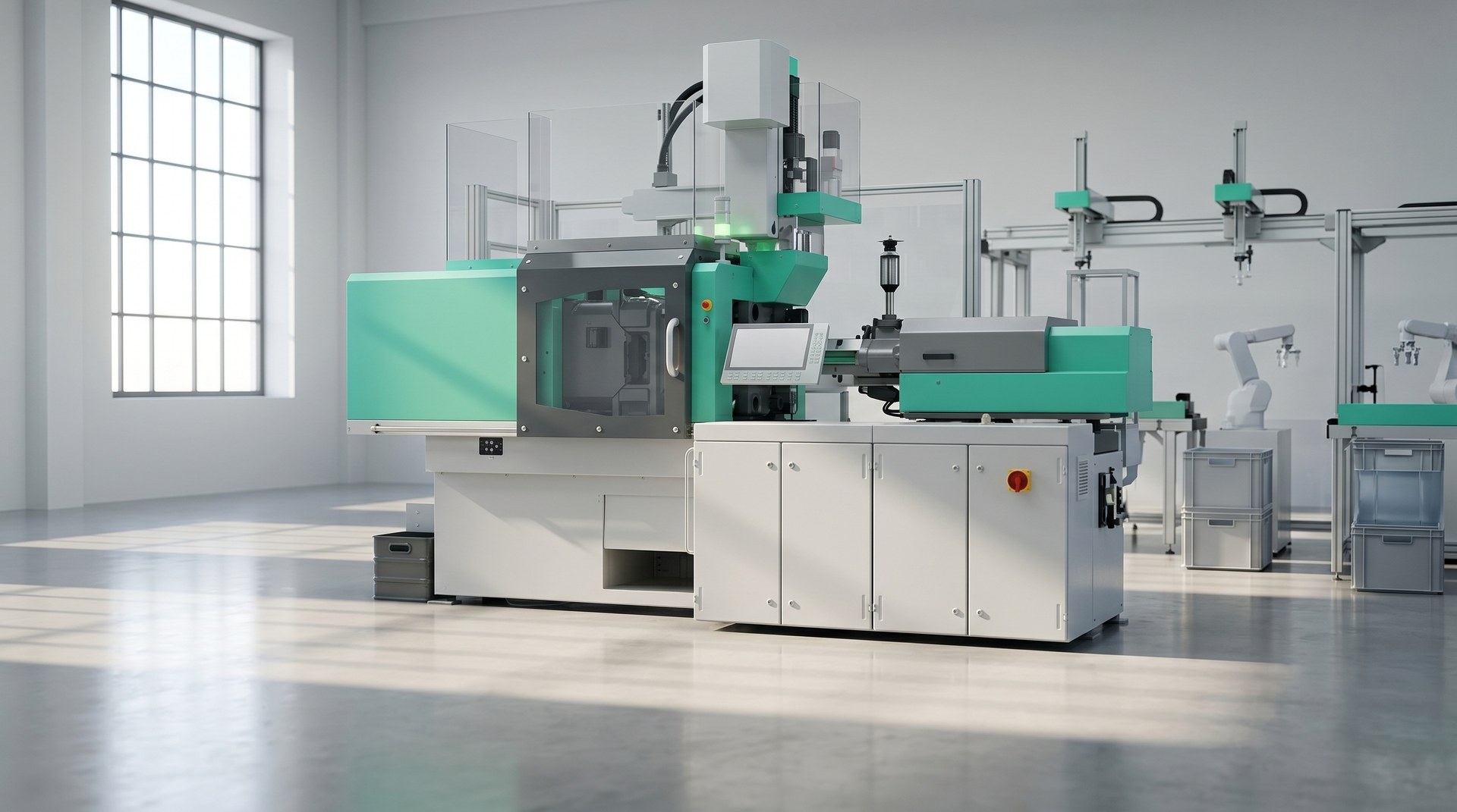 Industrielle Spritzgussmaschine in moderner Produktionshalle